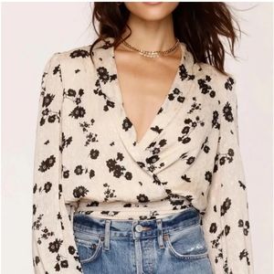 Heartloom Beige and Black Floral Longsleeve Blouse, size small (S)